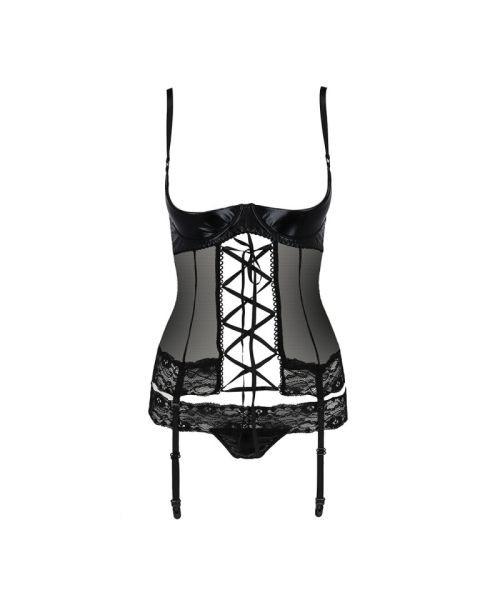 Корсет з відкритими грудьми Passion Exclusive NORTH CORSET L/XL, black, пажі, трусики, шнурівка