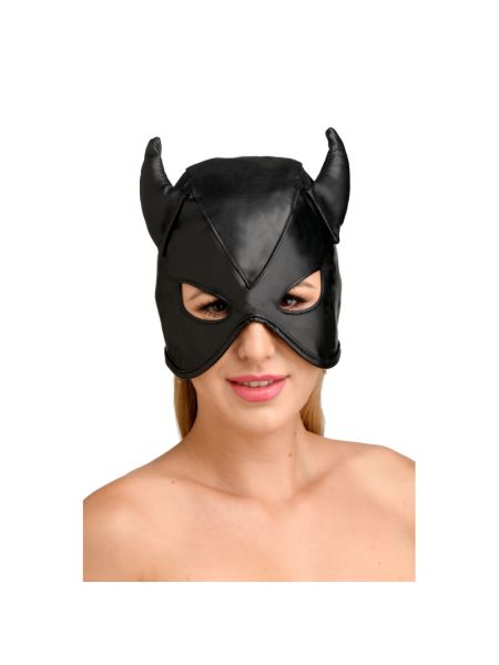 Маска з рогами Master Series: Dungeon Demon Bondage Mask with Horns, чорна