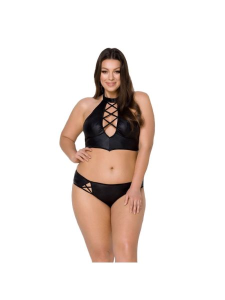 Комплект з екошкіри Passion NANCY BIKINI 4XL/5XL black, бра та трусики з імітацією шнурівки