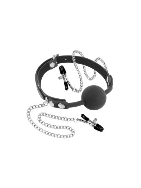 Кляп з силіконовою кулькою і затискачами для сосків Fetish Tentation Gag Ball with Nipple Clamps
