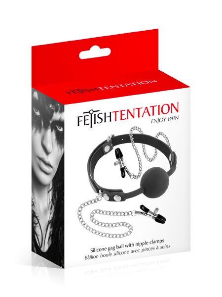 Кляп з силіконовою кулькою і затискачами для сосків Fetish Tentation Gag Ball with Nipple Clamps