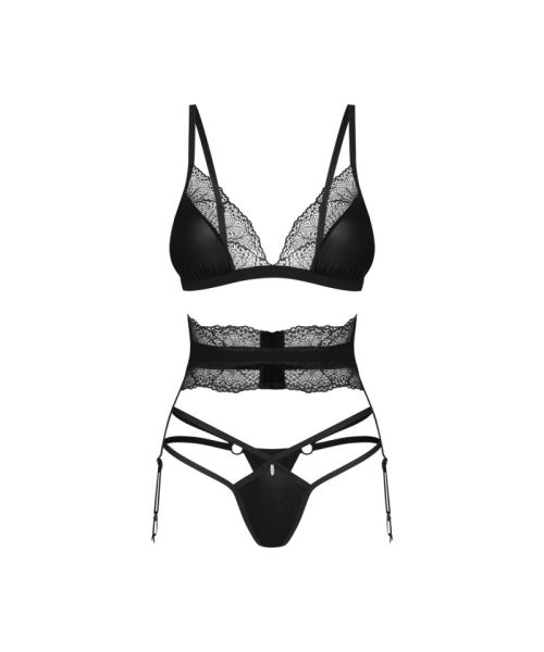 Комплект Obsessive Lobellis 3-pcs set, XS/S, чорний, ліф з м’якою чашкою, стрінги, пояс для панчіх