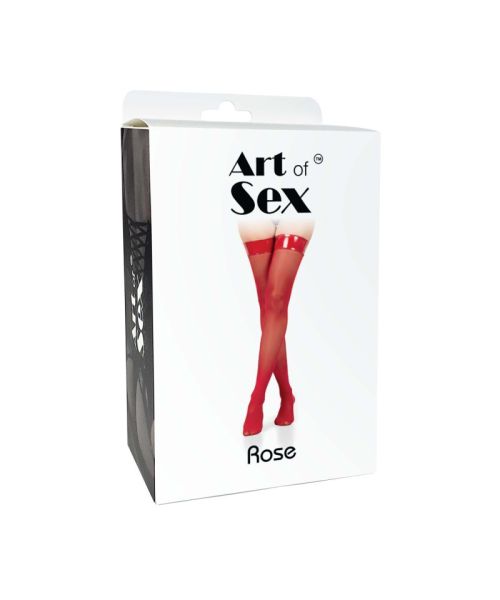 Панчохи в дрібну сітку з лакованою коронкою Art of Sex - Rose, колір червоний, М