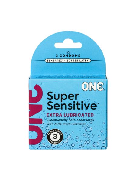 Презервативи ONE Super Sensitive, 3 шт, гладенькі, з додатковою змазкою, картонне паковання