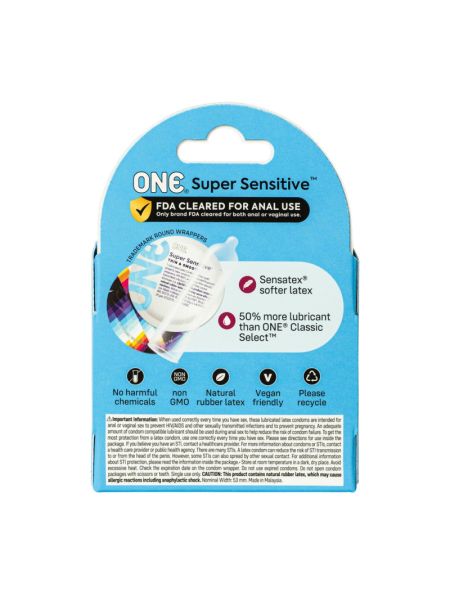Презервативи ONE Super Sensitive, 3 шт, гладенькі, з додатковою змазкою, картонне паковання
