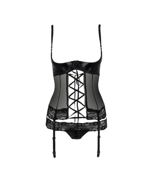 Корсет з відкритими грудьми Passion Exclusive NORTH CORSET XXL/XXXL, black, пажі, трусики, шнурівка