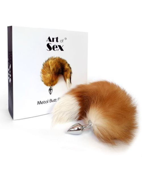 Металева анальна пробка з хвостом із натурального хутра Art of Sex size M Red fox