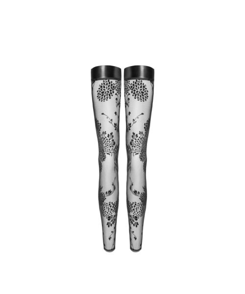 Панчохи без миска Noir Handmade F243 Tulle stockings with patterned flock embroidery, L