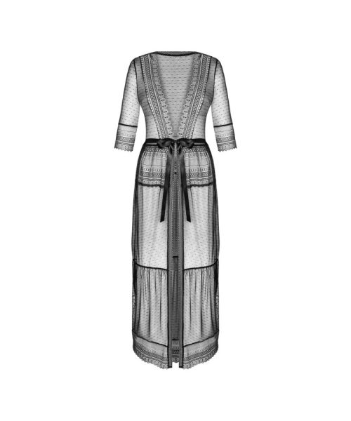 Пеньюар Obsessive Estiqua peignoir, XS/S, чорний, прозорий, на поясі, довжина до щиколоток