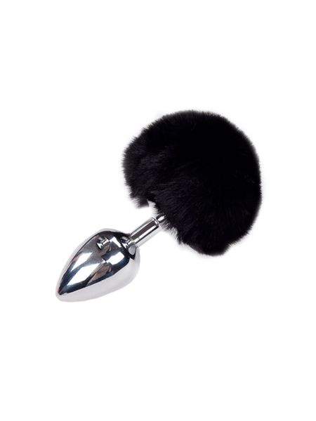 Металева анальна пробка Кролячий хвостик Alive Fluffy Plug L Black, діаметр 3,9 см