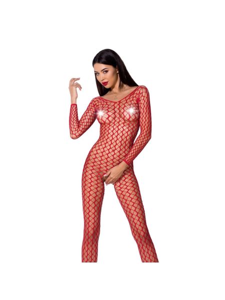 Бодістокінг Passion BS068 red, комбінезон, велика сітка, довгий рукав