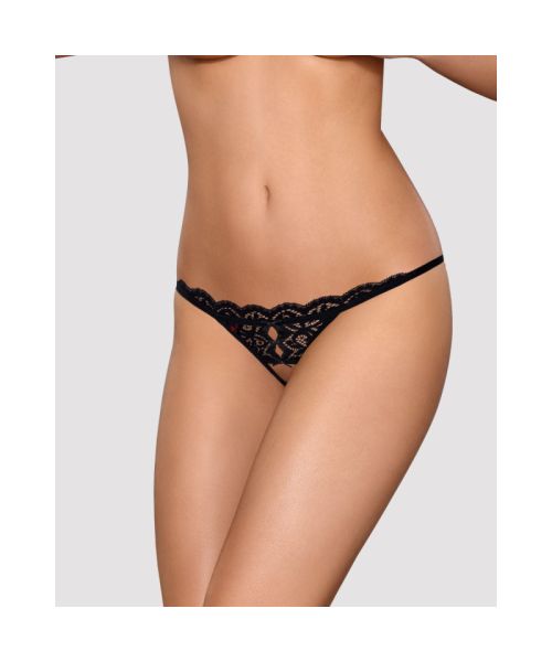 Мереживні танги з двома отворами Obsessive 831-THC-1 crotchless thong S/M, чорні, бантики