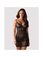 Сорочка Obsessive Alluria chemise & thong, S/M, чорна, мереживо+мікросітка, стрінги в комплекті