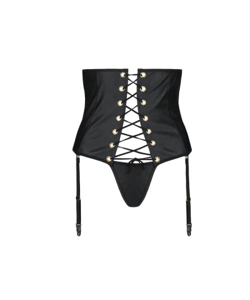 Пояс-корсет з екошкіри Passion CELINE SET L/XL, black, шнурівка, знімні пажі для панчіх, стрінги
