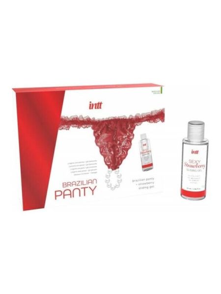 Набір Intt BRAZILIAN PANTY RED: трусики на резинці S-XL з перлинним кільцем + полунична змазка