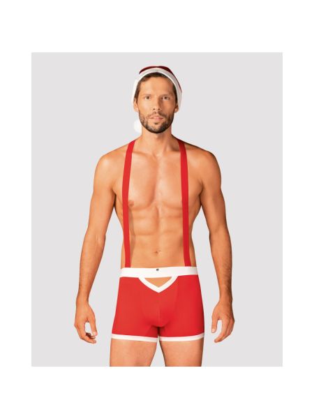 Чоловічий еротичний костюм Санта-Клауса Obsessive Mr Claus 2XL/3XL, боксери на підтяжках, шапочка з