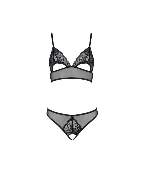Комплект із бралету з ажурним ліфом та відкритими трусиками Passion CHRISTA SET Open Bra L/XL black