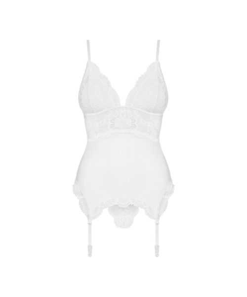 Сатиновий мереживний корсет Obsessive 810-COR-2 babydoll & thong S/M, білий, корсет, танга