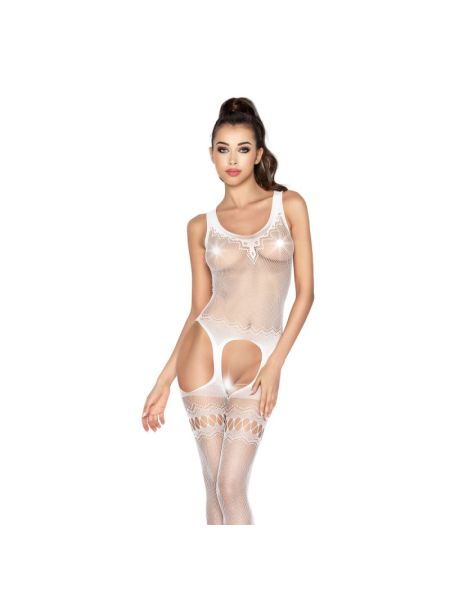 Бодістокінг Passion BS038 white, комбінезон, імітація панчіх і пояса
