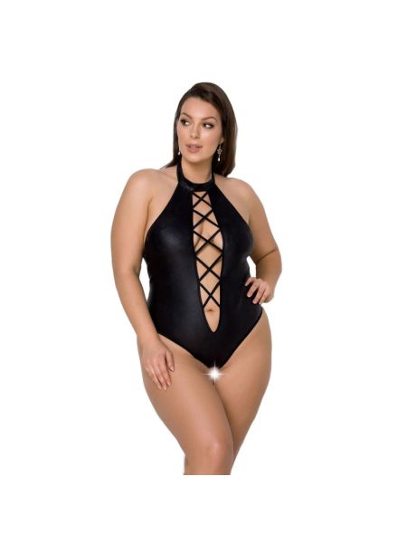 Боді з екошкіри Passion NANCY BODY 4XL/5XL black, з імітацією шнурівки та відкритим доступом