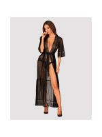 Пеньюар Obsessive Estiqua peignoir, M/L, чорний, прозорий, на поясі, довжина до щиколоток