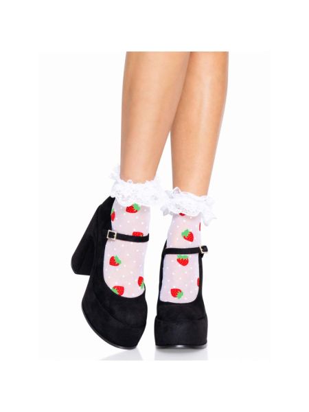Шкарпетки жіночі з полуничним принтом Leg Avenue Strawberry ruffle top anklets One size, мереживні м