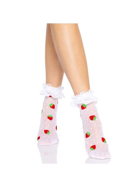 Шкарпетки жіночі з полуничним принтом Leg Avenue Strawberry ruffle top anklets One size, мереживні м