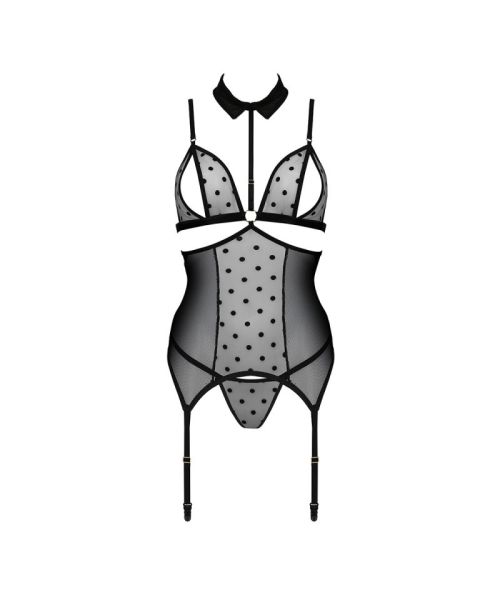 Корсет з відкритими грудьми Passion DOMINICA CORSET S/M black, пажі для панчіх, стрінги