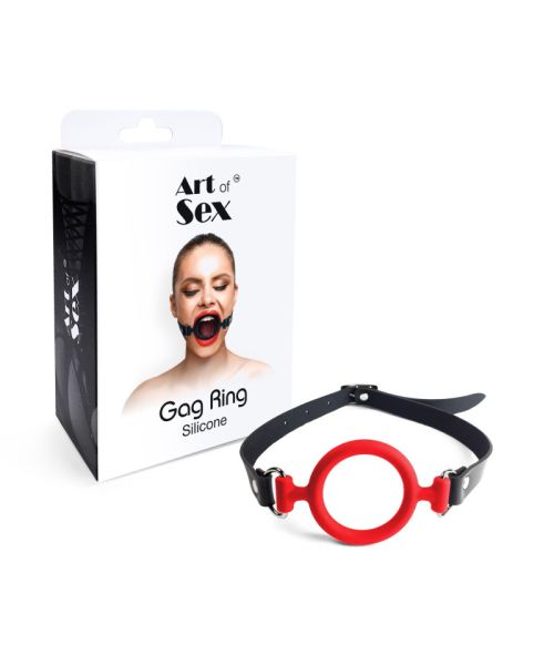 Кляп-розширювач силіконове кільце Art of Sex – Gag ring, червоний, натуральна шкіра