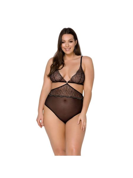 Боді Passion AMBERLY BODY 6XL/7XL black, асиметричний крій, мереживний ліф, золота нитка