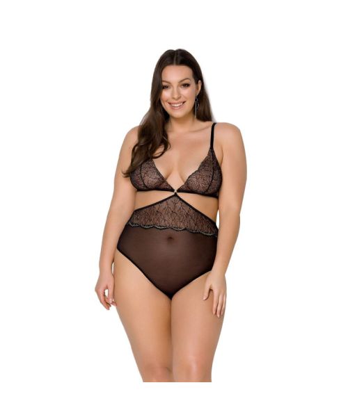 Боді Passion AMBERLY BODY 6XL/7XL black, асиметричний крій, мереживний ліф, золота нитка