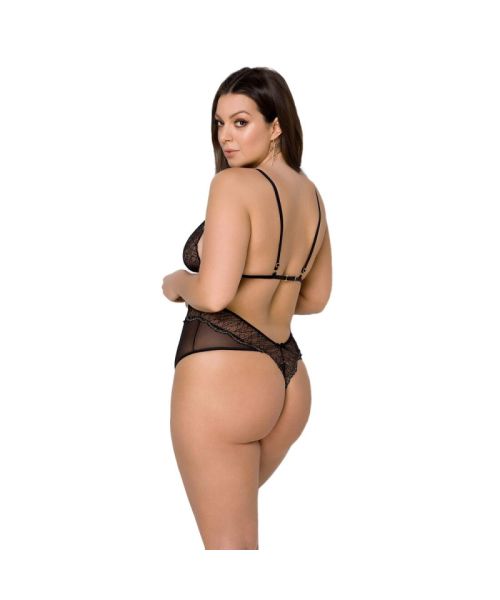 Боді Passion AMBERLY BODY 6XL/7XL black, асиметричний крій, мереживний ліф, золота нитка