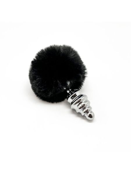 Металева анальна пробка Кролячий хвостик Alive Fluffy Twist Plug M Black, діаметр 3,4 см
