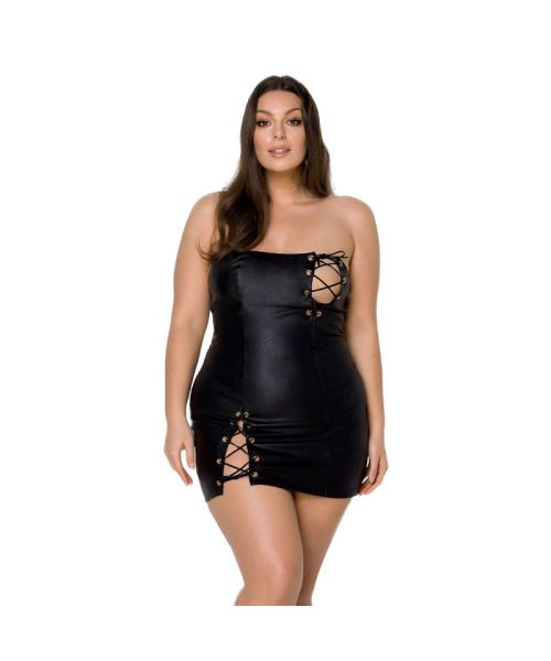 Мінісукня з екошкіри Passion CELINE CHEMISE 4XL/5XL, black, шнурівка, трусики в комплекті