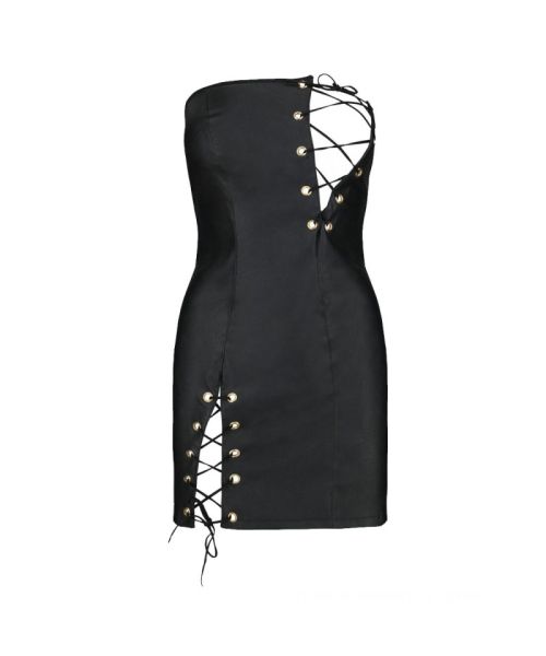 Мінісукня з екошкіри Passion CELINE CHEMISE 4XL/5XL, black, шнурівка, трусики в комплекті