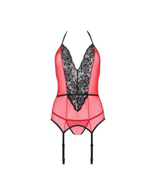 Корсет з пажами для панчіх Passion PEONIA CORSET S/M red, стрінги