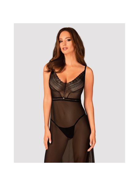 Напівпрозора довга сорочка Obsessive Estiqua chemise XS/S, чорний, асиметричний крій