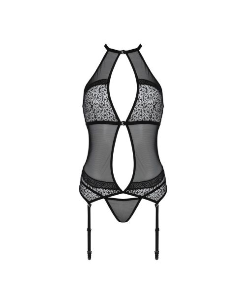 Корсет з пажами Passion SATARA CORSET L/XL black, стрінги, мереживо, застібки спереду та ззаду