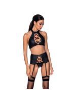 Комплект з еко-шкіри імітація шнурівки Passion NANCY SET XXL/XXXL black топ трусики пояс для панчіх