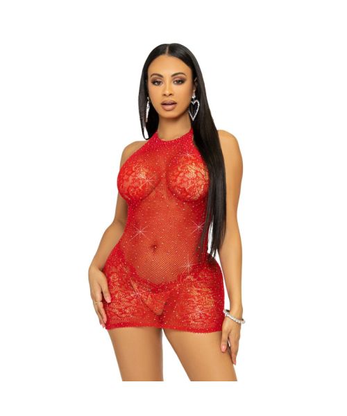 Сукня-сітка зі стразами Leg Avenue Rhinestone halter mini dress Red, відкрита спина, one size
