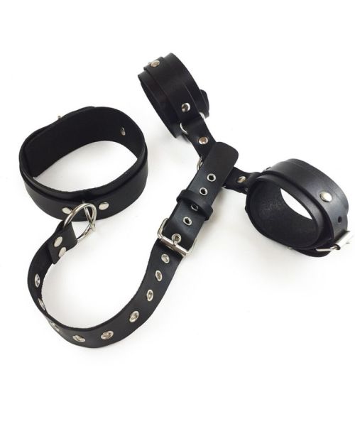 Фіксатори для шиї та рук Art of Sex - Bondage Set з натуральної шкіри, колір чорний