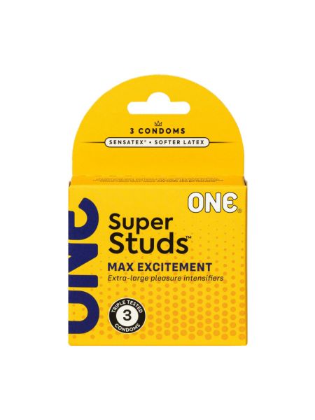 Презервативи ONE Super Studs, 3 шт, з точковим рельєфом, зі змазкою, паковання — картонна коробка