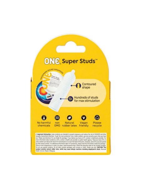 Презервативи ONE Super Studs, 3 шт, з точковим рельєфом, зі змазкою, паковання — картонна коробка