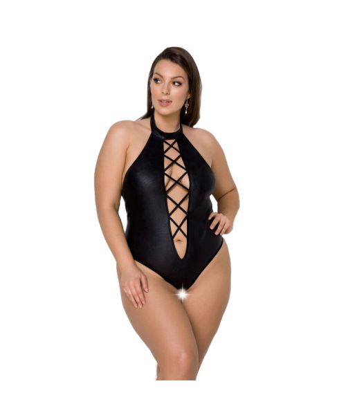 Боді з екошкіри Passion NANCY BODY 6XL/7XL black, з імітацією шнурівки та відкритим доступом