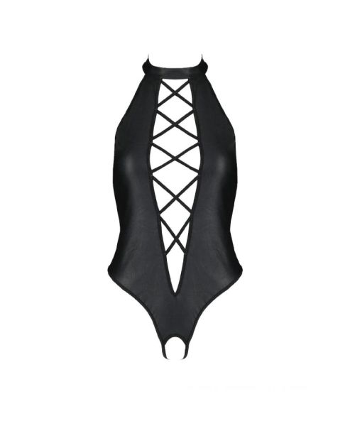 Боді з екошкіри Passion NANCY BODY 6XL/7XL black, з імітацією шнурівки та відкритим доступом