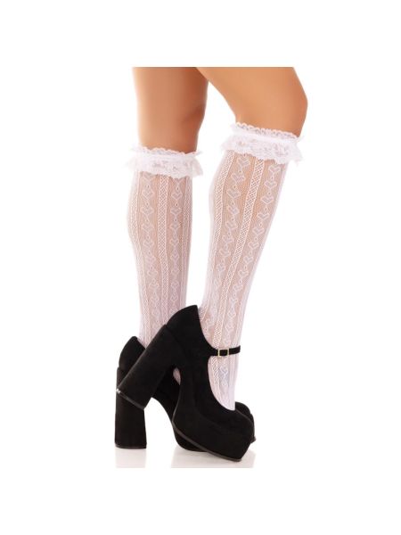 Гольфи ажурні Leg Avenue Sweetheart Ruffle Cuff Knee Highs, білі, малюнок-сердечка