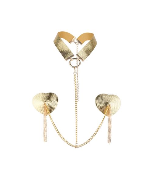 Пестис-сердечка з пензликами та чокером JSY Nipple Sticker RT236114 Golden