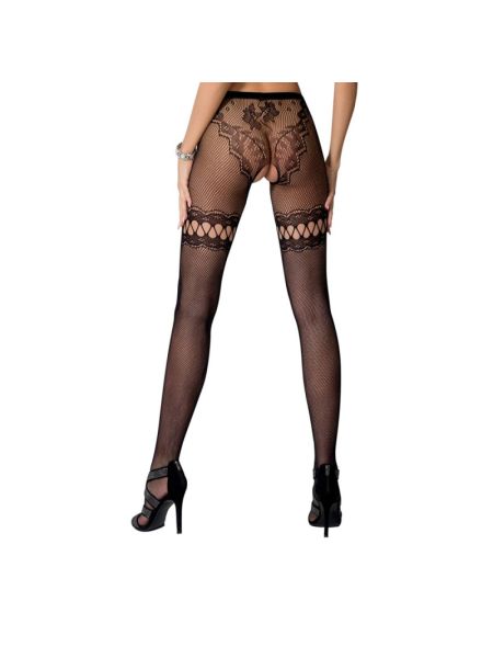 Сітчасті колготки з відкритим доступом Passion S015 One Size, Black, імітація панчіх і трусиків
