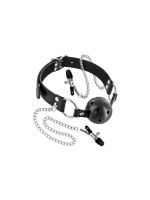 Повітропроникний кляп із затискачами для сосків Fetish Tentation Rigid Gag Ball with Nipple Clamps