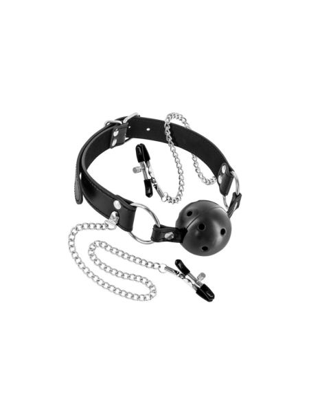 Повітропроникний кляп із затискачами для сосків Fetish Tentation Rigid Gag Ball with Nipple Clamps